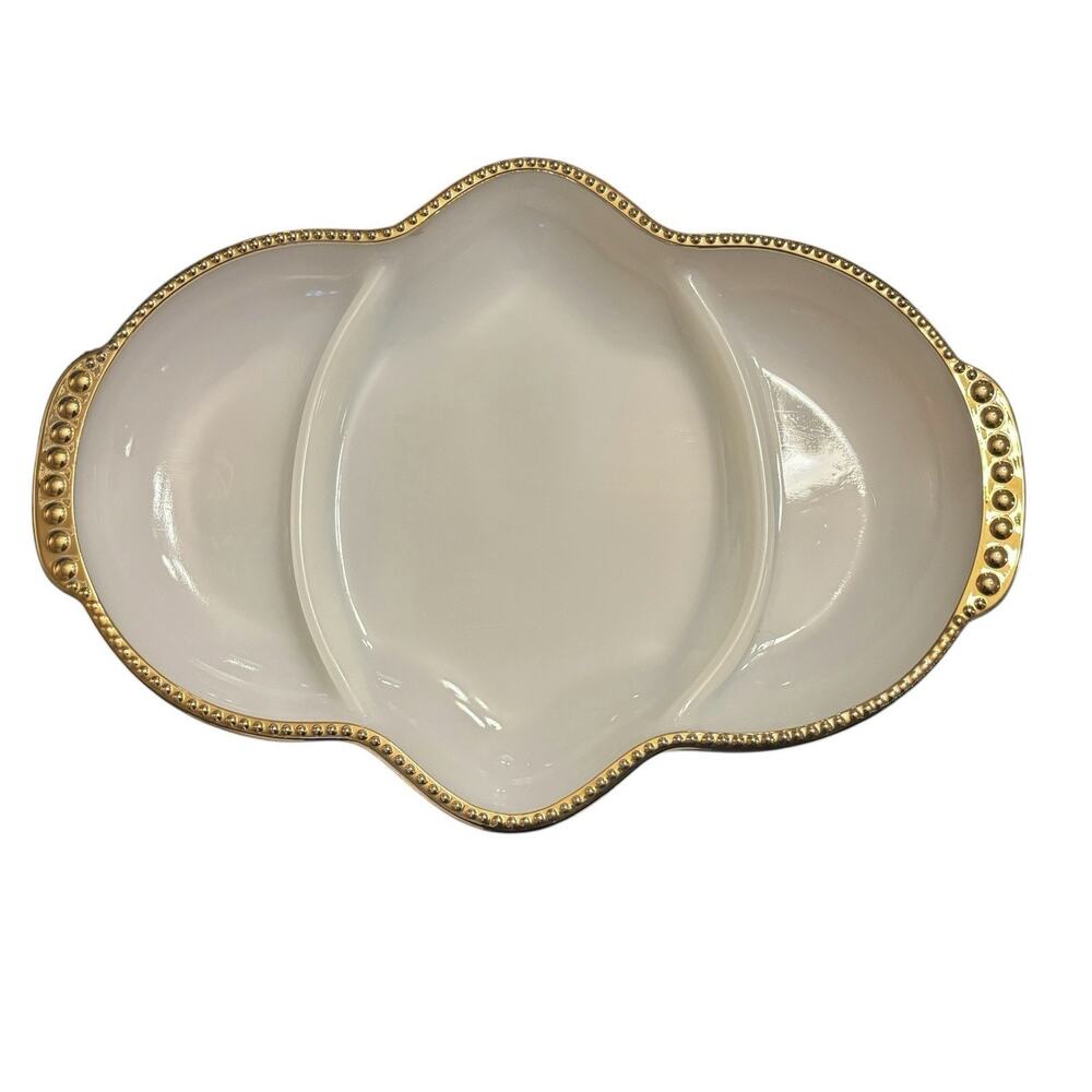 Vintage Fire-King Milk Glass Divided Relish Dish 11" 22K Gold Trim USA